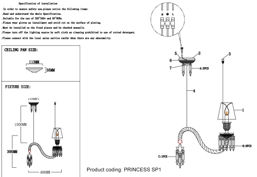 Светильник подвесной Crystal Lux PRINCESS PRINCESS SP1 фото 5